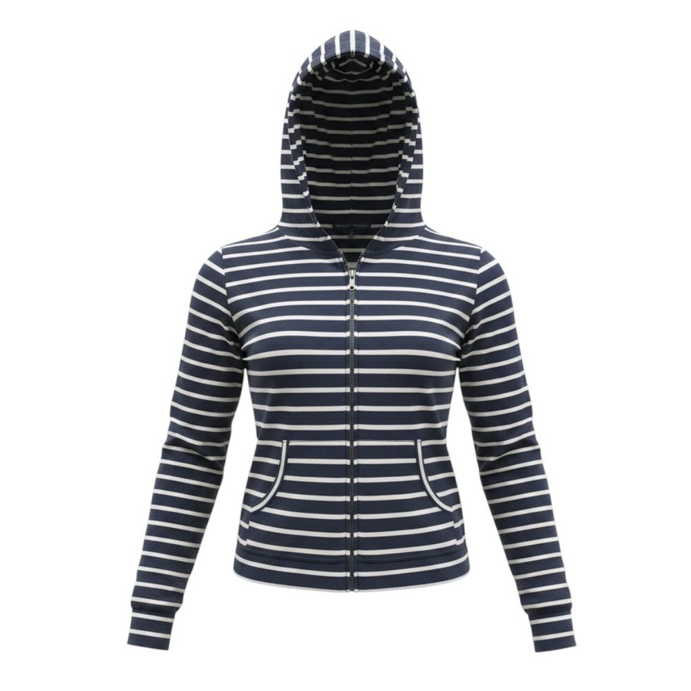 Karen Scott Sport Full Zip Hoodie Large Navy White Striped Nautical Coastal